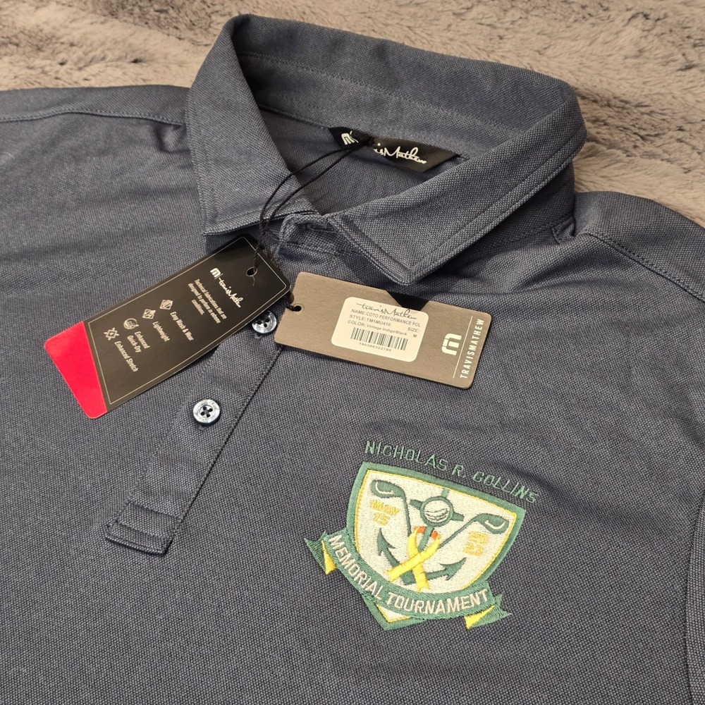 Travis Mathew Coto Performance Polo Indigo Mens M Nicholas Collins Memorial NWT